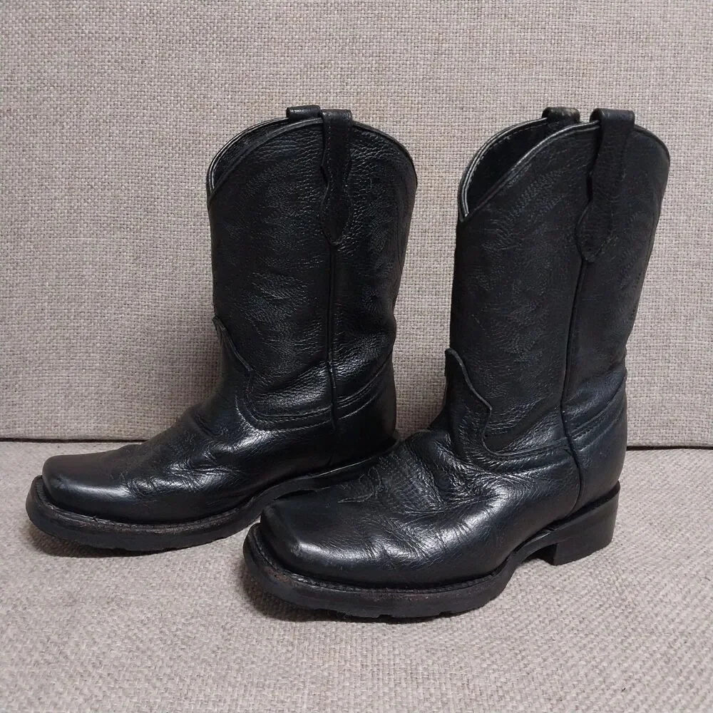 Soto  Square Toe  Black Leather Western Stitched Cowboy Riding Boots Kids Size 3